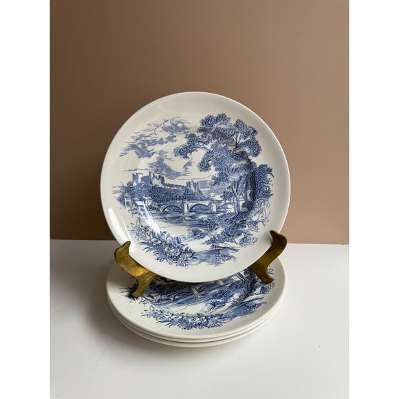 Vintage Wedgwood Dinner Plates Set of 4 Blue Transferware "Countryside" Pattern - Picture 1 of 15